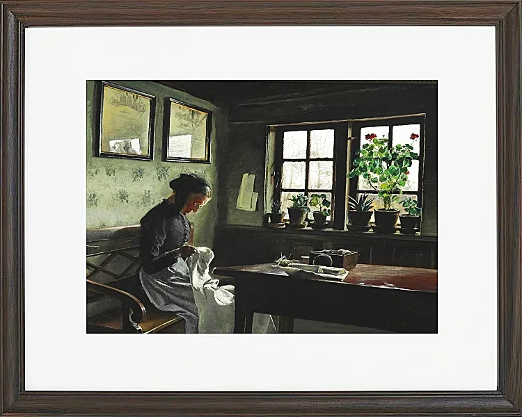 Laurits Andersen Ring – Interieur mit nähender Frau 1909 | Giclée Kunstdruck gerahmt