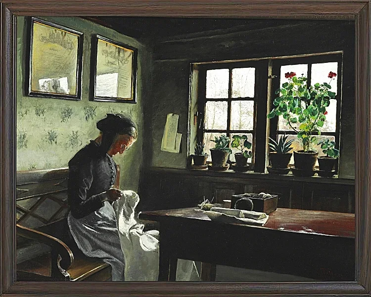 Laurits Andersen Ring – Interieur mit nähender Frau 1909 | Giclée Kunstdruck gerahmt