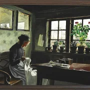 Laurits Andersen Ring – Interieur mit nähender Frau 1909 | Giclée Kunstdruck gerahmt