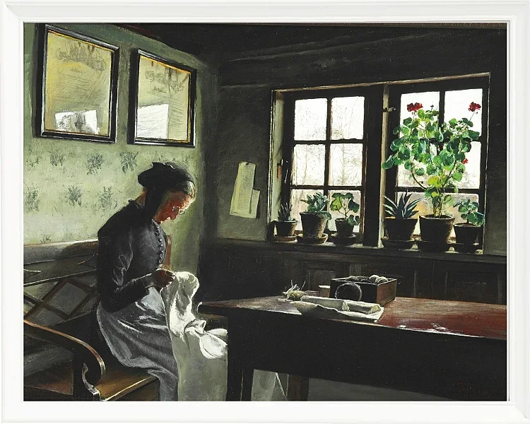 Laurits Andersen Ring – Interieur mit nähender Frau 1909 | Giclée Kunstdruck gerahmt
