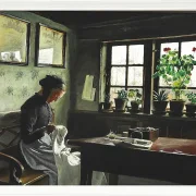 Laurits Andersen Ring – Interieur mit nähender Frau 1909 | Giclée Kunstdruck gerahmt