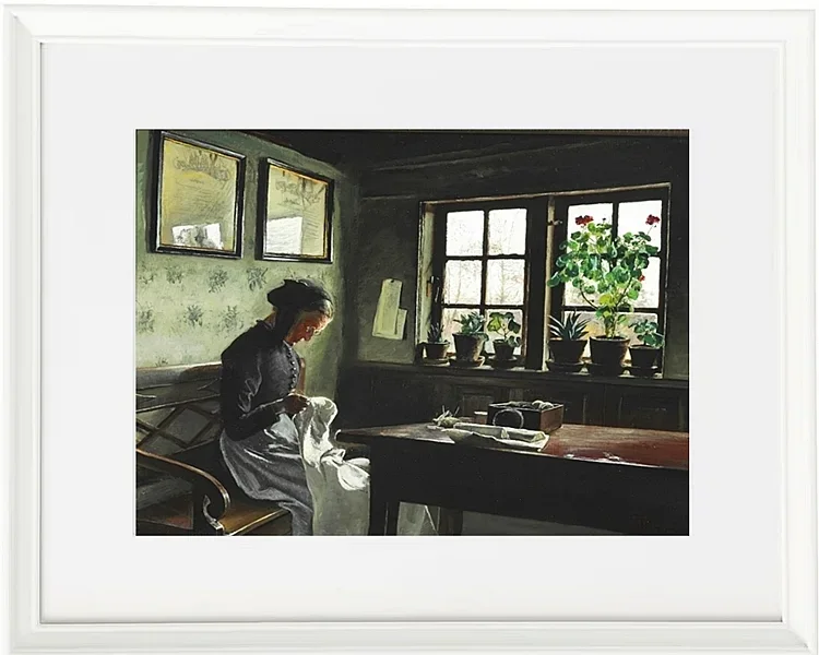 Laurits Andersen Ring – Interieur mit nähender Frau 1909 | Giclée Kunstdruck gerahmt