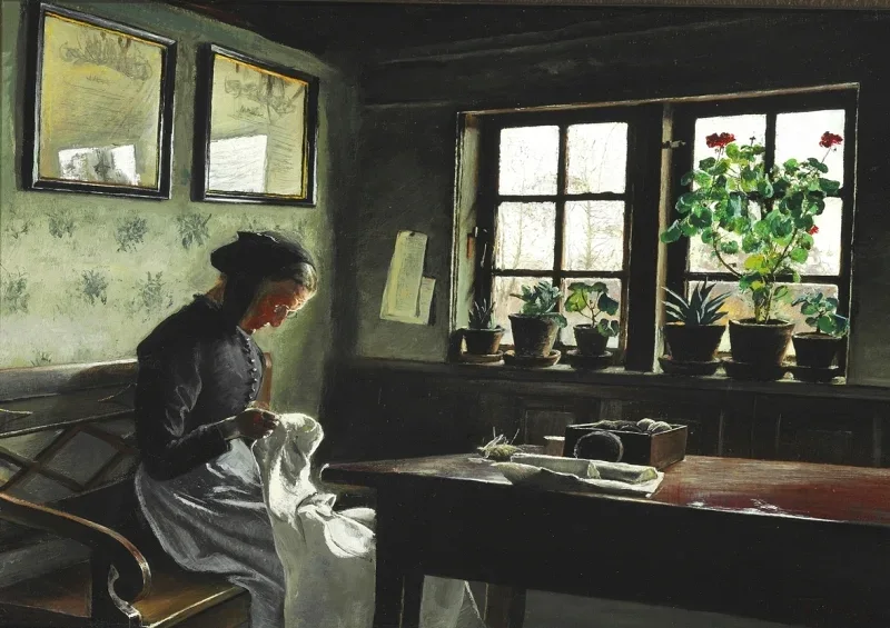 Laurits Andersen Ring | Interiør med syende kone – 1909 | Indrammet kunsttryk | Realisme