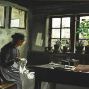 Laurits Andersen Ring | Interiør med syende kone – 1909 | Indrammet kunsttryk | Realisme