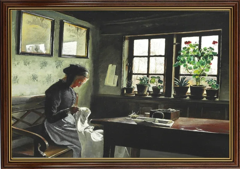 Laurits Andersen Ring | Interiør med syende kone – 1909 | Indrammet kunsttryk | Realisme