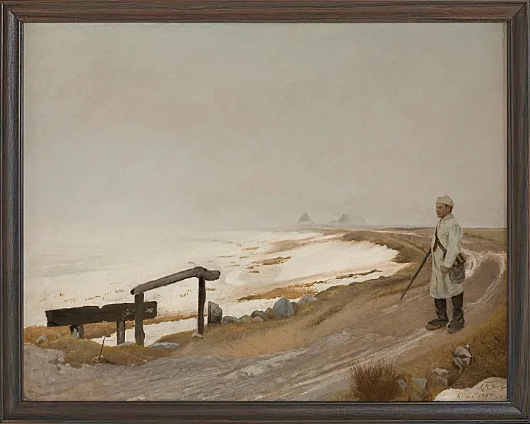 Laurits Andersen Ring – Tåget vinterdag. Karrebæksminde 1897  | Indrammet giclée-kunsttryk