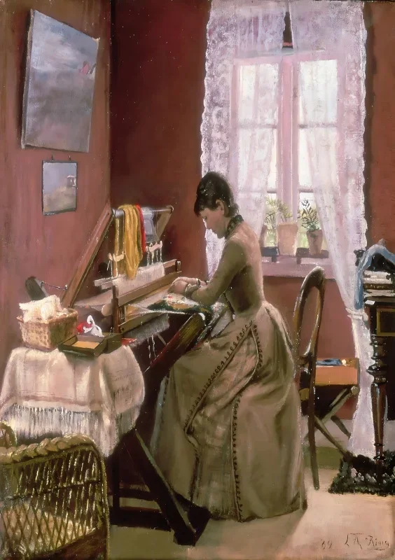 Laurits Andersen Ring | Johanne Wilde, kunstnerens hustru, ved sin væv – 1889 | Indrammet kunsttryk | Realisme