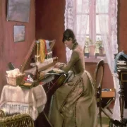 Laurits Andersen Ring | Johanne Wilde, kunstnerens hustru, ved sin væv – 1889 | Indrammet kunsttryk | Realisme