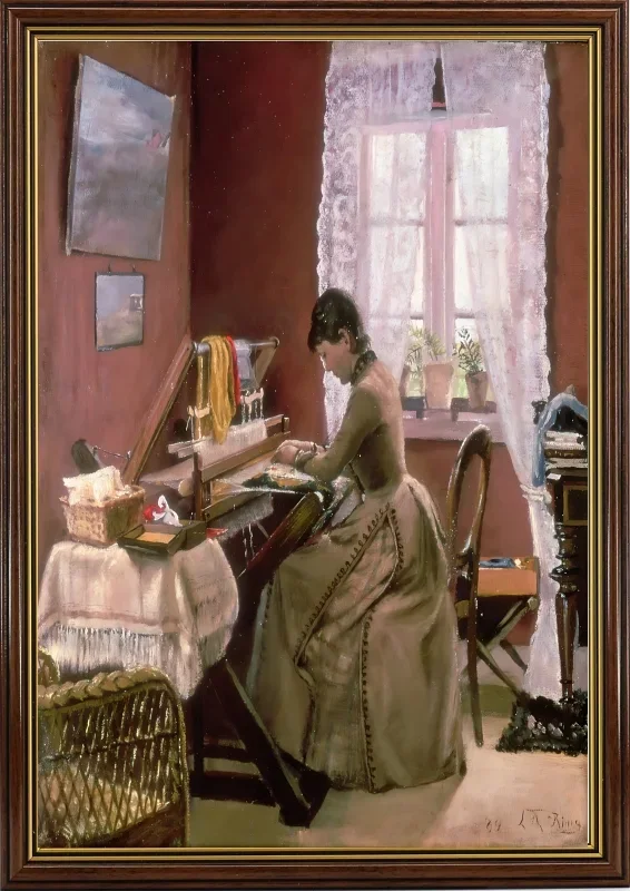 Laurits Andersen Ring | Johanne Wilde, kunstnerens hustru, ved sin væv – 1889 | Indrammet kunsttryk | Realisme