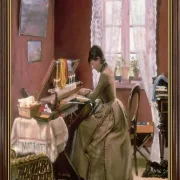 Laurits Andersen Ring | Johanne Wilde, kunstnerens hustru, ved sin væv – 1889 | Indrammet kunsttryk | Realisme