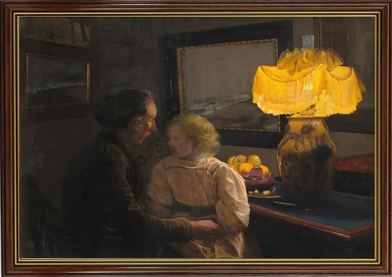 Laurits Andersen Ring | Kunstnerens kone og datter - 1901 | Indrammet kunsttryk | Realisme
