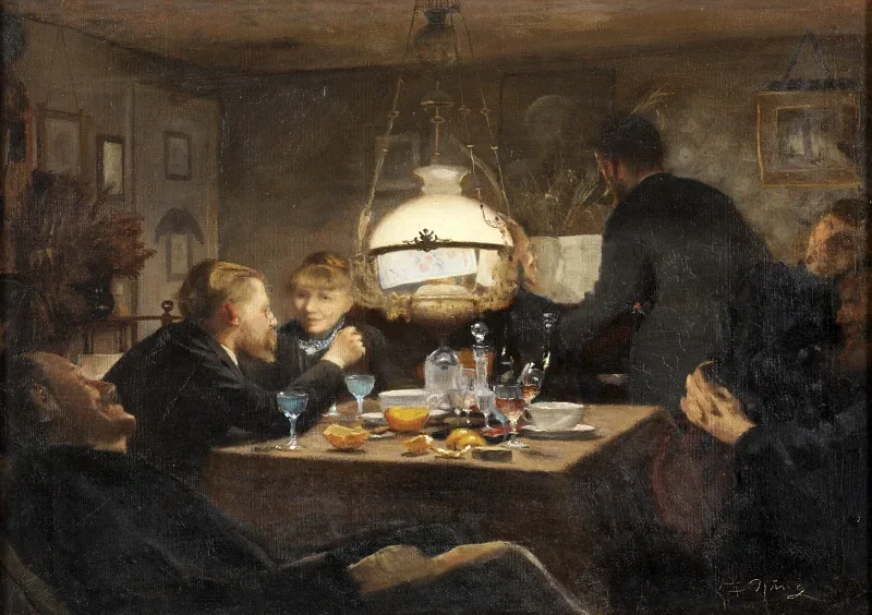 Laurits Andersen Ring | Selskab i aftenlys – 1886 | Indrammet kunsttryk | Realisme