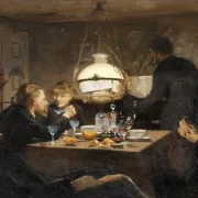 Laurits Andersen Ring | Selskab i aftenlys – 1886 | Indrammet kunsttryk | Realisme