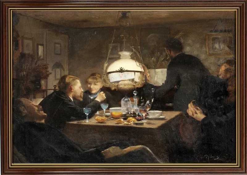Laurits Andersen Ring | Selskab i aftenlys – 1886 | Indrammet kunsttryk | Realisme