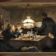 Laurits Andersen Ring | Selskab i aftenlys – 1886 | Indrammet kunsttryk | Realisme