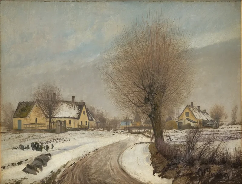 Laurits Andersen Ring – Winter in einem seeländischen Dorf 1906 | Giclée Kunstdruck gerahmt