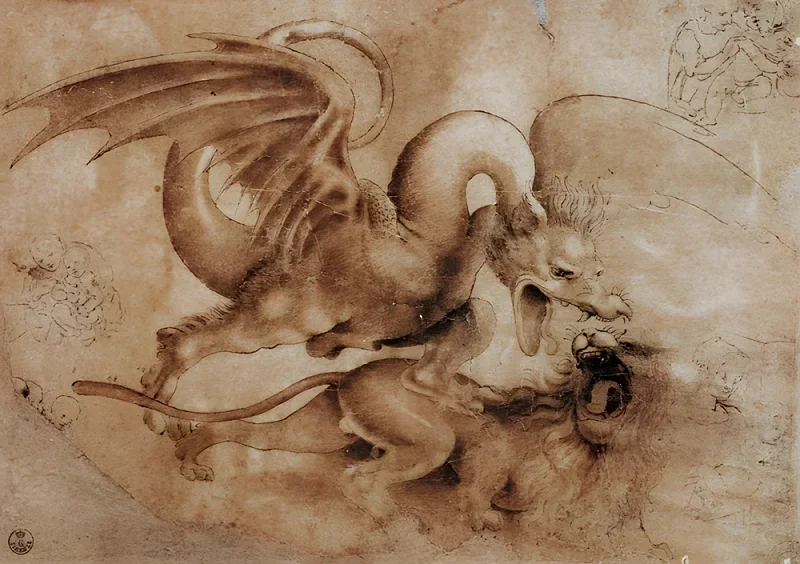 Leonardo da Vinci | Kamp mellem en drage og en løve - 1500 | Indrammet kunsttryk | Renæssance | formida