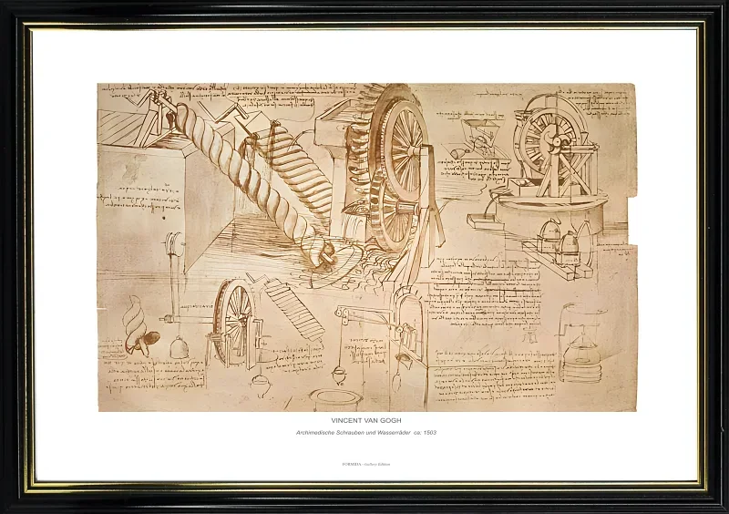 Leonardo da Vinci | Archimedes Skruer og Vandhjul - 1503 | Gallery Edition | Indrammet kunsttryk | Renæssance