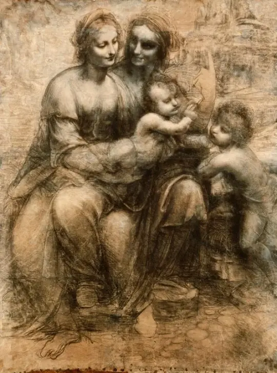 Leonardo da Vinci | Die Jungfrau mit Kind, der Heiligen Anne und dem Heiligen John - 1499 | Giclée Kunstdruck gerahmt