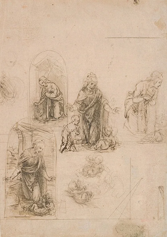 Leonardo da Vinci | Kompositionsskizzen für die das Christkind anbetende Jungfrau – 1480 | Gerahmter Kunstdruck | Renaissance | formida