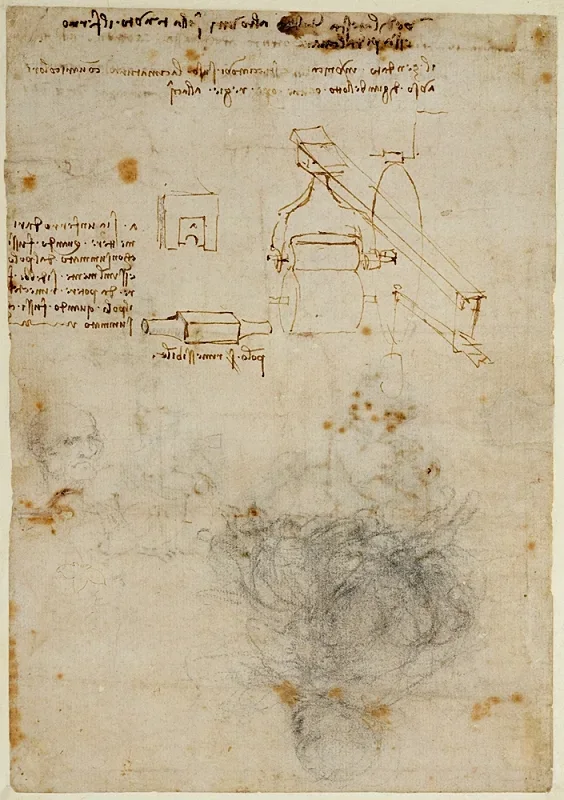 Leonardo da Vinci | Leder af en gammel mand og studier af maskinerne - 1504 | Indrammet kunsttryk | Renæssance | formida