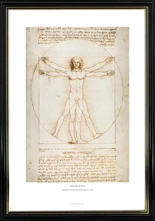 Leonardo da Vinci | Vitruvius-manden, proportional tegning - 1490 | Gallery Edition | Indrammet kunsttryk | Renæssance