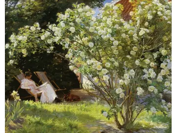 Marie Krøyer sitzt im Liegestuhl im Garten – 1893