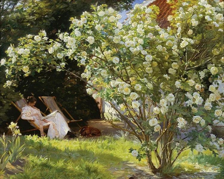 Marie Krøyer sitzt im Liegestuhl im Garten – 1893
