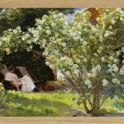Marie Krøyer sitzt im Liegestuhl im Garten – 1893