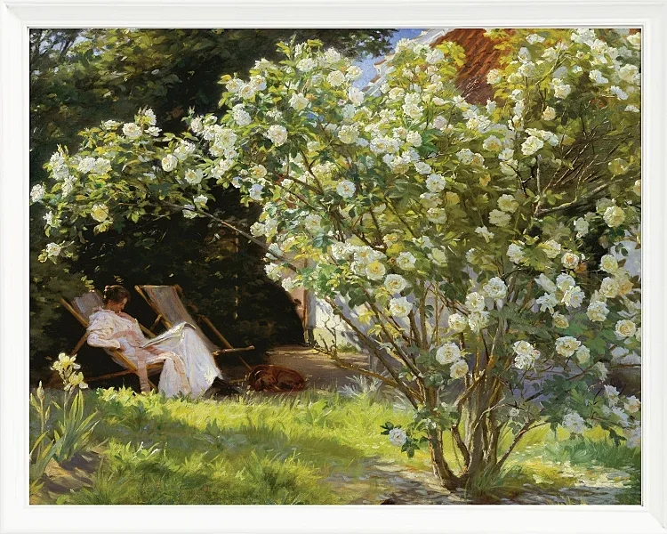 Marie Krøyer sitzt im Liegestuhl im Garten – 1893