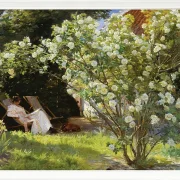 Marie Krøyer sitzt im Liegestuhl im Garten – 1893
