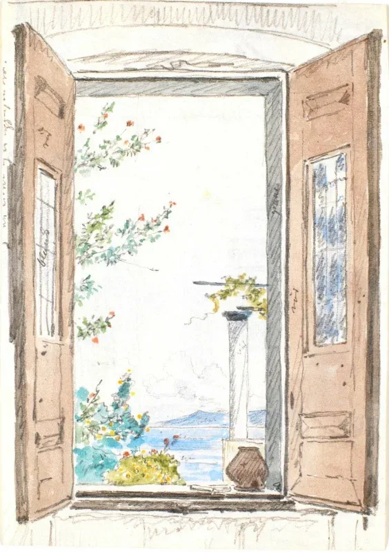 Martinus Rørbye | Aussicht durch ein Fenster auf Procida - 1835  | Gerahmter Kunstdruck | Goldenes Zeitalter Dänemark