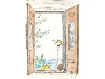 Martinus Rørbye | Aussicht durch ein Fenster auf Procida - 1835  | Gerahmter Kunstdruck | Goldenes Zeitalter Dänemark