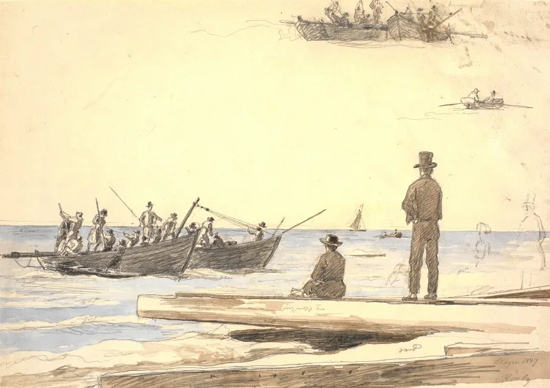 Martinus Rørbye | To fiskerbåde – 1846 | Indrammet kunsttryk | Danmarks Guldalder