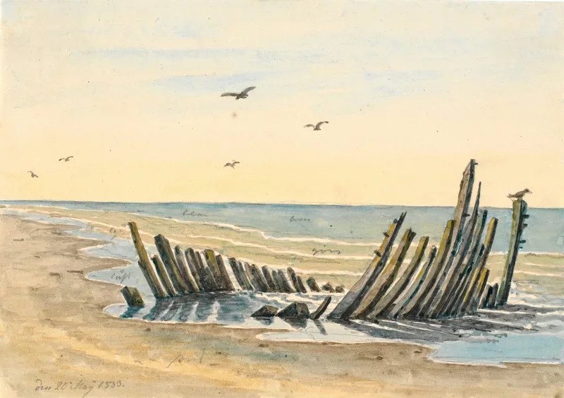 Martinus Rørbye | Wrack am Strand Nordstranden - 1832 | Gerahmter Kunstdruck | Goldenes Zeitalter Dänemark