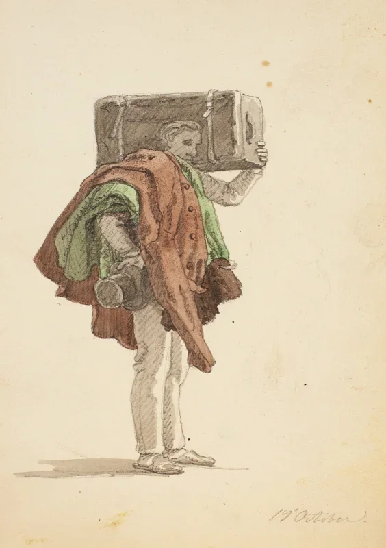 Martinus Rørbye | Stående mand med en kuffert – 1832 | Indrammet kunsttryk | Danmarks Guldalder