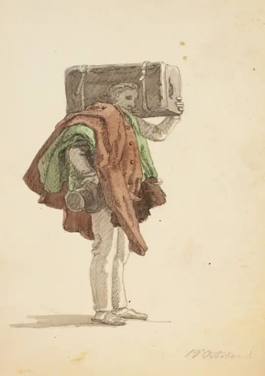 Martinus Rørbye | Stående mand med en kuffert – 1832 | Indrammet kunsttryk | Danmarks Guldalder