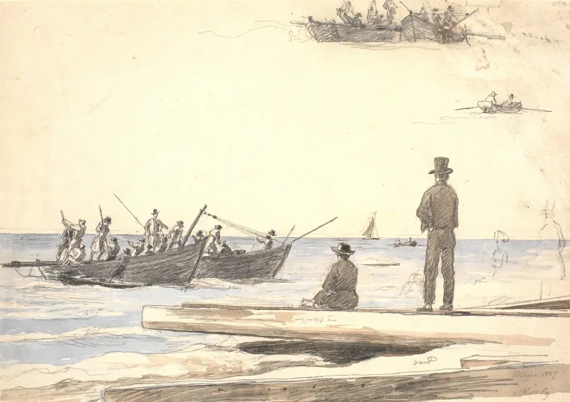 Martinus Rørbye | Zwei Fischerboote fahren zum Strand von Skagen – 1846 | Gerahmter Kunstdruck | Goldenes Zeitalter Dänemark