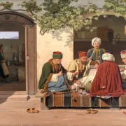 Martinus Rørbye | Eine Gruppe Schachspieler vor einem türkischen Kaffeehaus - 1845 | Gerahmter Kunstdruck | Goldenes Zeitalter Dänemark | formida
