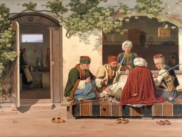 Martinus Rørbye | Eine Gruppe Schachspieler vor einem türkischen Kaffeehaus - 1845 | Gerahmter Kunstdruck | Goldenes Zeitalter Dänemark | formida