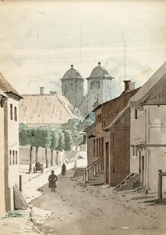 Martinus Rørbye | Ein Blick eine Meerenge hinunter auf die beiden Türme der Kathedrale von Viborg – 1829 | Gerahmter Kunstdruck | Goldenes Zeitalter Dänemark
