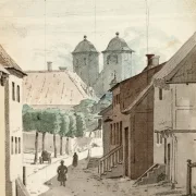 Martinus Rørbye | Ein Blick eine Meerenge hinunter auf die beiden Türme der Kathedrale von Viborg – 1829 | Gerahmter Kunstdruck | Goldenes Zeitalter Dänemark