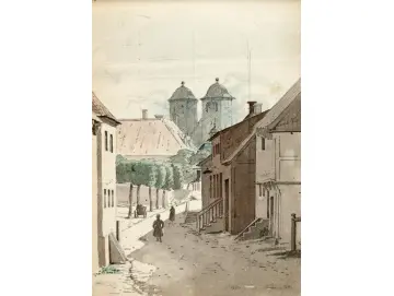 Martinus Rørbye | Ein Blick eine Meerenge hinunter auf die beiden Türme der Kathedrale von Viborg – 1829 | Gerahmter Kunstdruck | Goldenes Zeitalter Dänemark