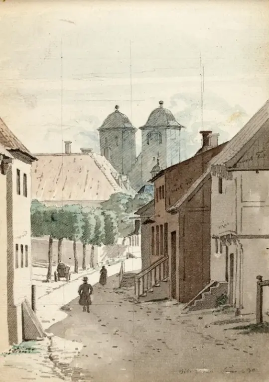 Martinus Rørbye | Et kig ned ad et stræde mod Viborg Domkirkes to tårne - 1829 | Indrammet kunsttryk | Danmarks Guldalder