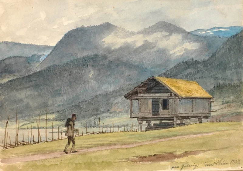 Martinus Rørbye | Fjeldlandskab med hytte og vandrer - 1832 | Indrammet kunsttryk | Danmarks Guldalder