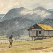 Martinus Rørbye | Fjeldlandskab med hytte og vandrer - 1832 | Indrammet kunsttryk | Danmarks Guldalder