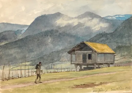 Martinus Rørbye | Fjeldlandskab med hytte og vandrer - 1832 | Indrammet kunsttryk | Danmarks Guldalder