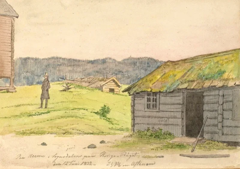 Martinus Rørbye | Landskab med bondehuse – 1832 | Indrammet kunsttryk | Danmarks Guldalder