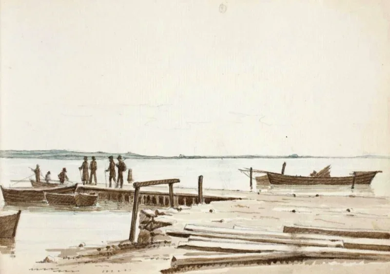 Martinus Rørbye | Folk ved en færgeovergang – 1830 | Indrammet kunsttryk | Danmarks Guldalder