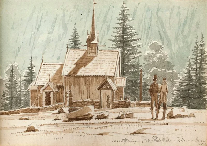 Martinus Rørbye | Folk ved en stavkirke – 1830 | Indrammet kunsttryk | Danmarks Guldalder